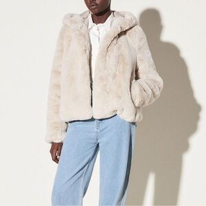 Sandro Hooded Ecru Faux Fur Coat 42 NWT